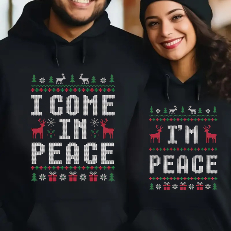 

1pc Come In Peace I'm Peace Hoodies, 100% Polyester Knit Fabric, Casual Long Sleeve Hooded Sweatshirt, Regular Fit, With Geometric Pattern, Slight Stretch, For Couples Matching Ugly Christmas Hoodies