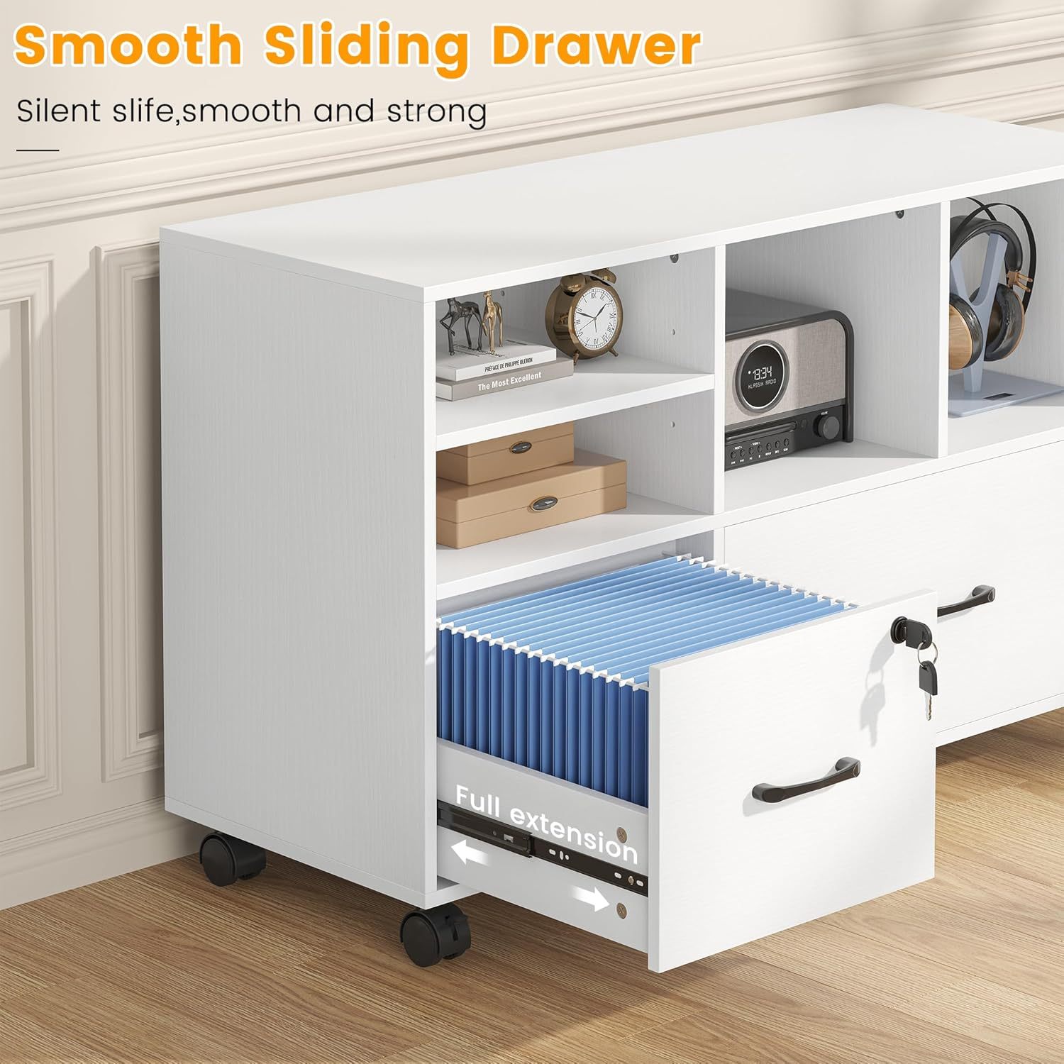 2 Drawer Wood Mobile Large Lateral File Cabinet with Lock, Lockable Rolling Filing Cabinet with Storage Shelves, Printer Stand Office Storage Cabinet for Home Office Fits Files Legal/A4, White