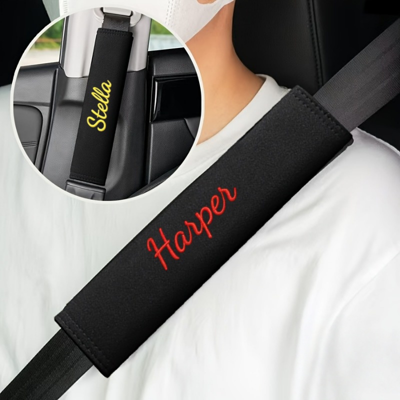 TEMU Custom Embroidered 1pc Car Seat Belt Shoulder Pad - Soft Comfortable Protective Cover, Enhances , Fits Most Car Models, Black Seat Belt Shoulder