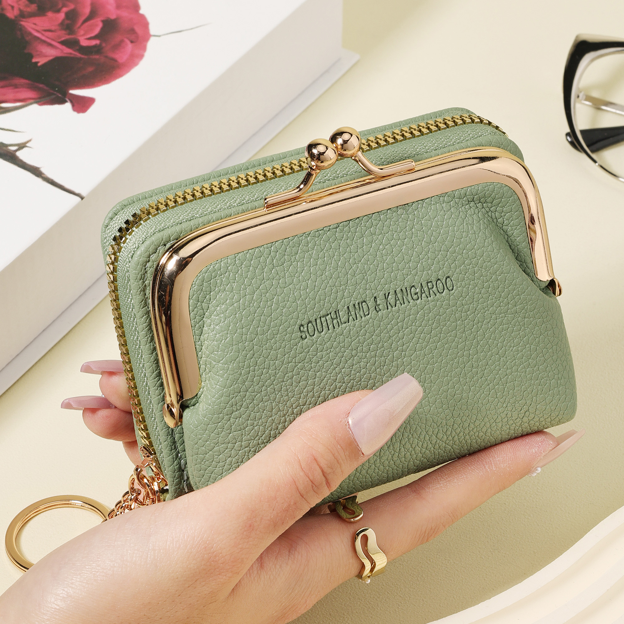 Image of With A Chain Keychain, Fashionable Multi Slot Elegant Zipper Wallet, Detachable And Versatile Large Capacity Women's Short Wallet, Suitable For Outdoor, Travel And Back To School Use