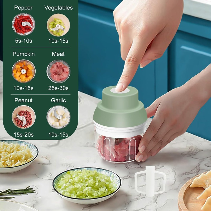 1-touch electric garlic chopper with usb-powered motor & 8.45oz large cup - 45w powerful mini food processor, safety lock, 304 blade & bpa-free pp bowl, compact portable design with ergonomic handle &   operation for garlic, onion, ginger, chili, meat, nuts, vegetables - ideal for small kitchens, camping, picnic, bbq (usb-powered, 3-hour charge) Product details 6