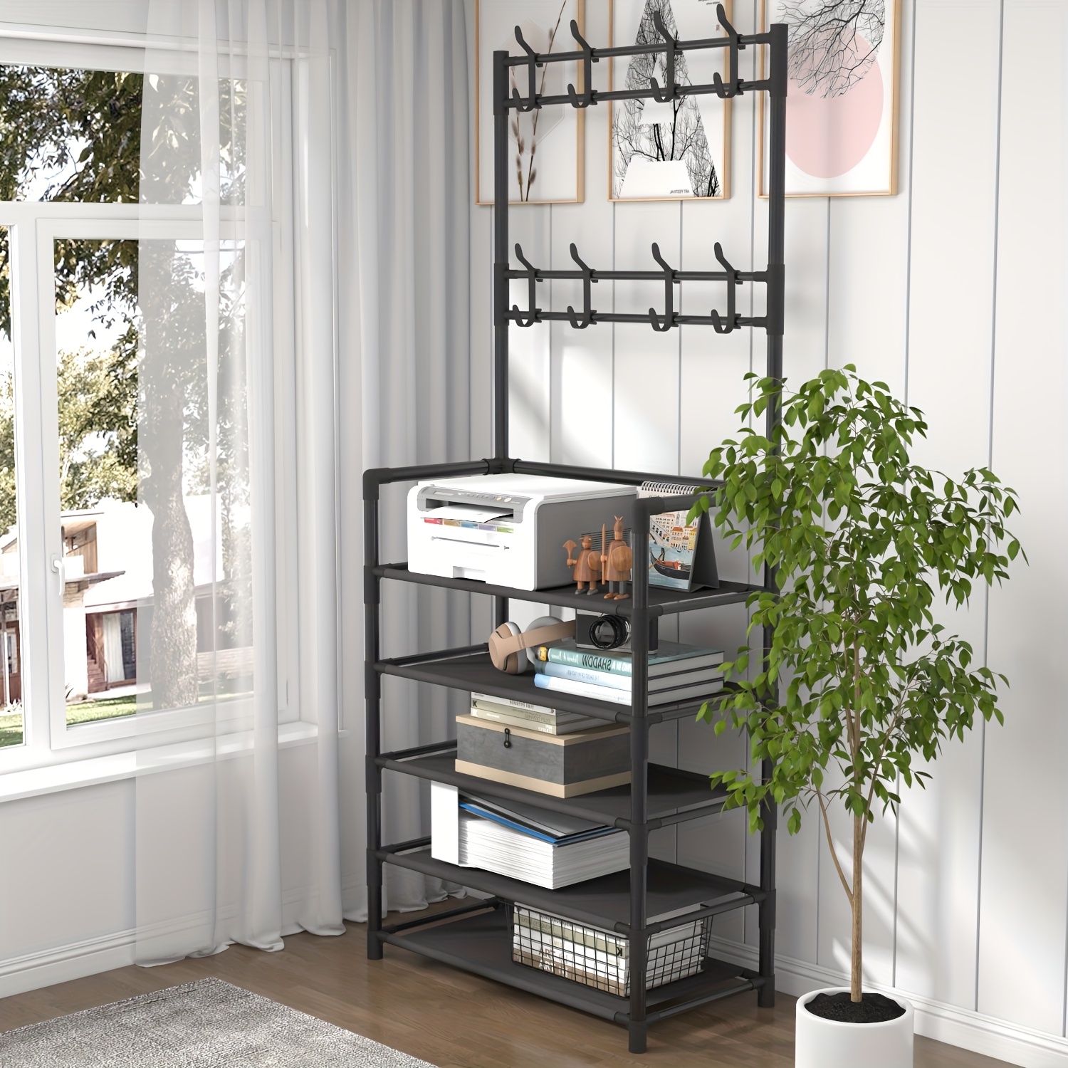 Heavy-Duty 5-in-1 Valet & Suit Stand with 8-Hook Coat Rack, Shoe & Umbrella Holder - Stainless Entryway Storage Organizer Suitable for Hallway, Mudroom, Foyer - Space-Saving Freestanding Furniture, Easy Assembly for /Office/Hotel