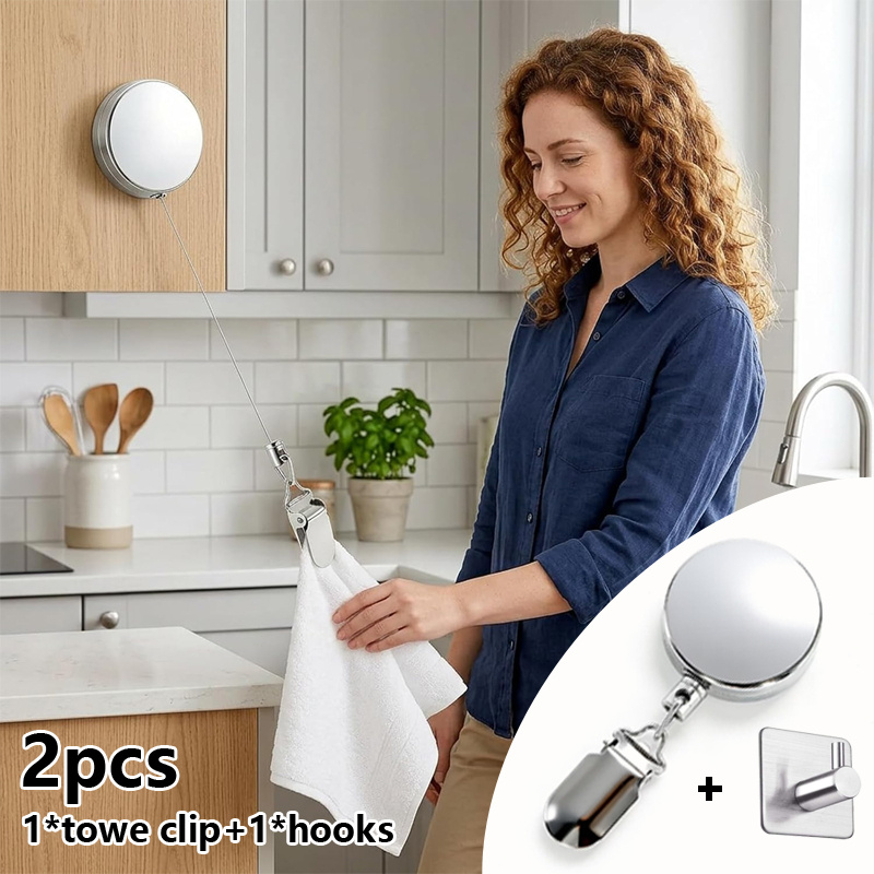 TEMU 2pcs (1 X Support Rétractable et 1 X Crochet) Porte-Serviette Rétractable Automatique pour Salle de Bain et Cuisine - Porte-Serviette Mural