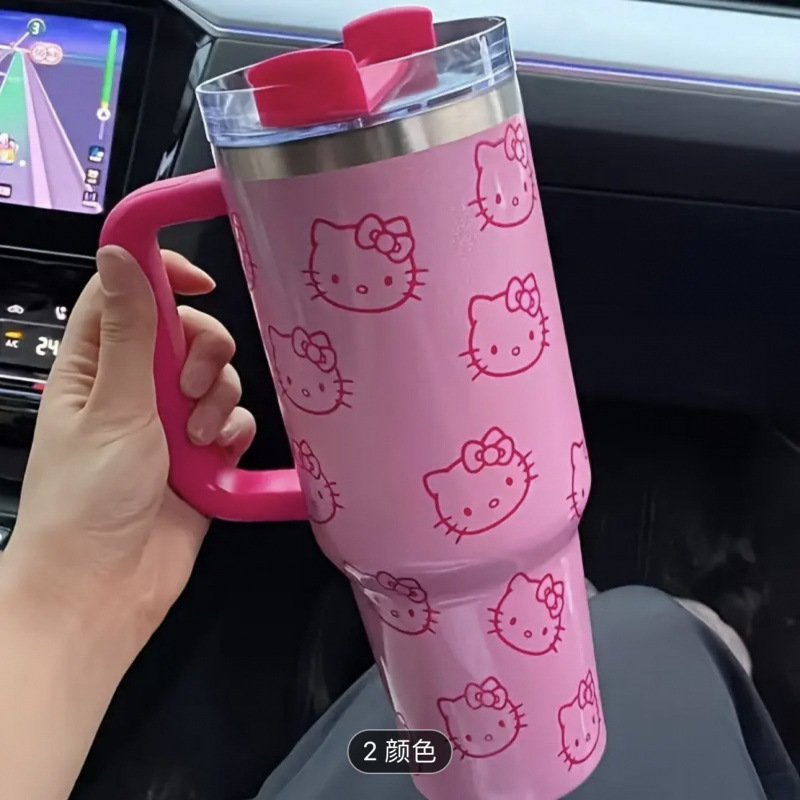 TEMU 40oz Handle Car Cup With Straw Car Cold Cartoon Kt Cat Water Cup
