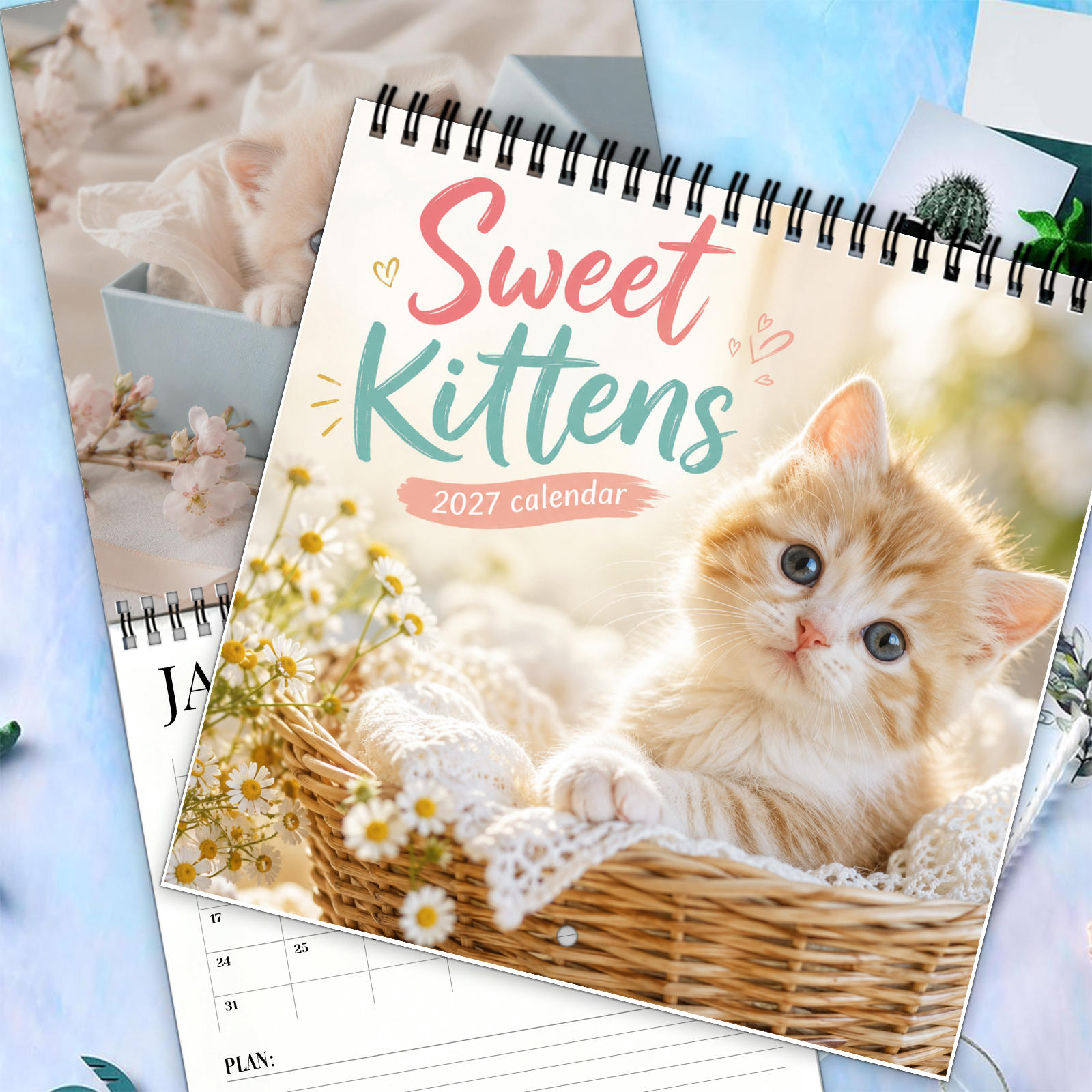 TEMU Calendrier mural 1 pièce 2027 Chaton avec pages mensuelles - Calendrier photo de chaton suspendu à double fil métallique, convient pour la