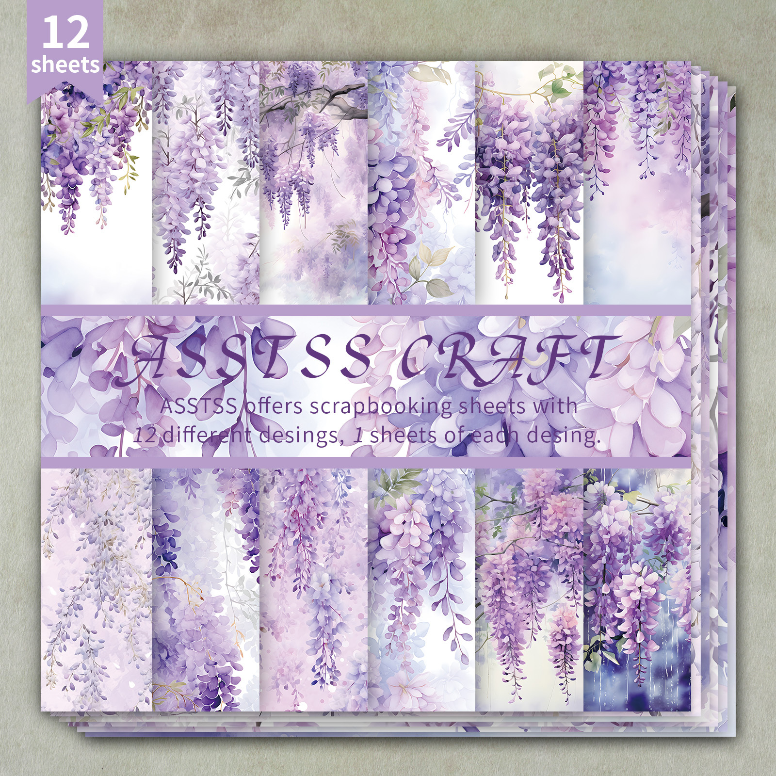 TEMU 12-sheet Asstss Scrapbooking Paper Pad, Wisteria Purple Watercolor Backing Paper Supplies, Heavyweight Cardstock For Journaling, Collage Art,