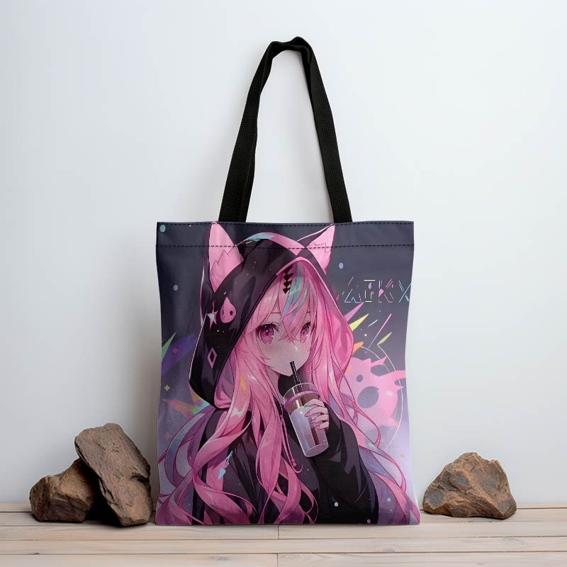 Image of 1 Anime Cat Ear Girl Canvas Tote Bag - Large Capacity, Foldable Women's Shoulder Bag With Vibrant Character Print, Ideal For Shopping, Travel & Daily - , Reusable & Stylish Gift