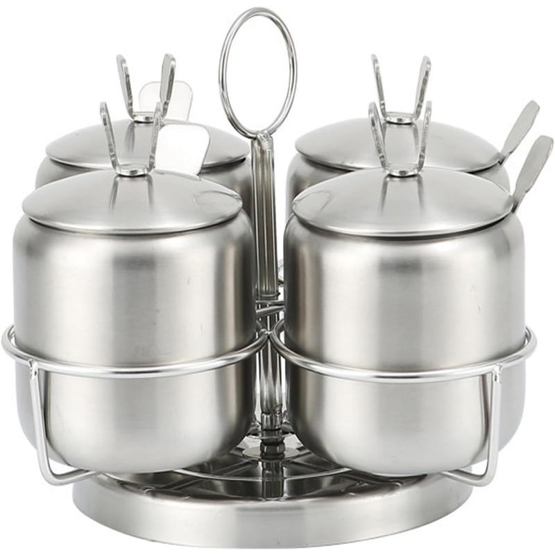 stainless steel spice jar set with revolving rack 12oz/350ml set of 4 seasoning box bottle with lids and spoons condiment jar canisters pots spice container salt sugar bowl for kitchen home Product details 0