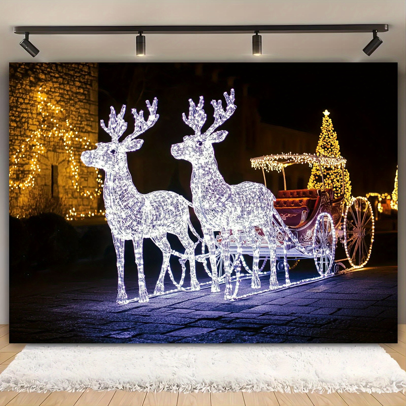 

1pc Winter Christmas Sleigh & Reindeer Light-up Scene Backdrop Banner - Polyester, No Power Required - Ideal For Holiday Parties, Weddings, Birthdays & Photo Booth Props, Outdoor Christmas Decorations