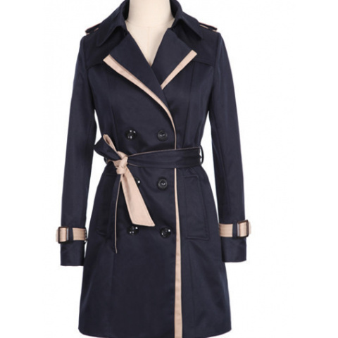 Abrigo de lona elegante para mujer, doble botonadura, color beige y azul marino, estructurado, no elástico, formal y casual, cintura ceñida, para oficina, fiestas, uso diario, diseño sofisticado, tejido duradero, chaqueta elegante, para amantes de la moda, ropa de oficina, material de alta calidad, mujeres conscientes de la moda.