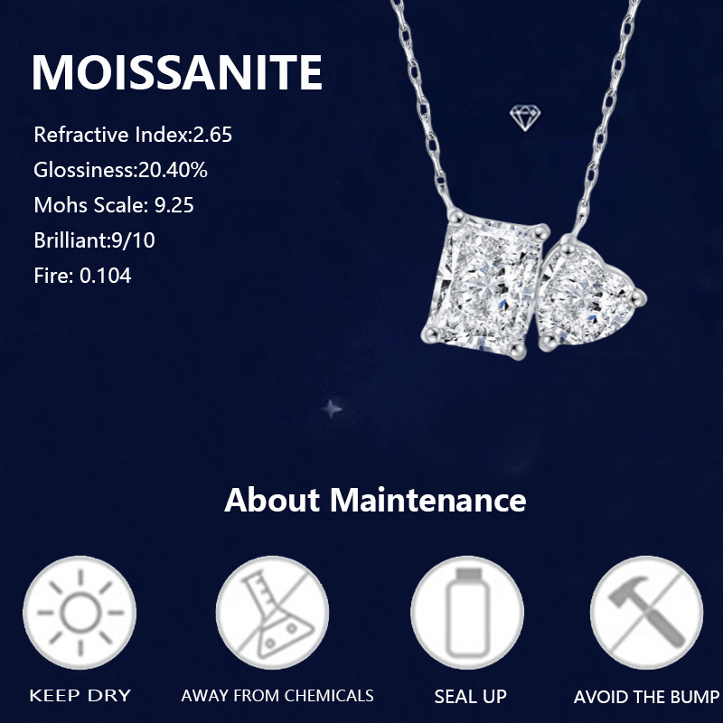 Women's 925 Silvery 1.5 Carat Moissanite Rectangular Puzzle Heart Pendant Necklace