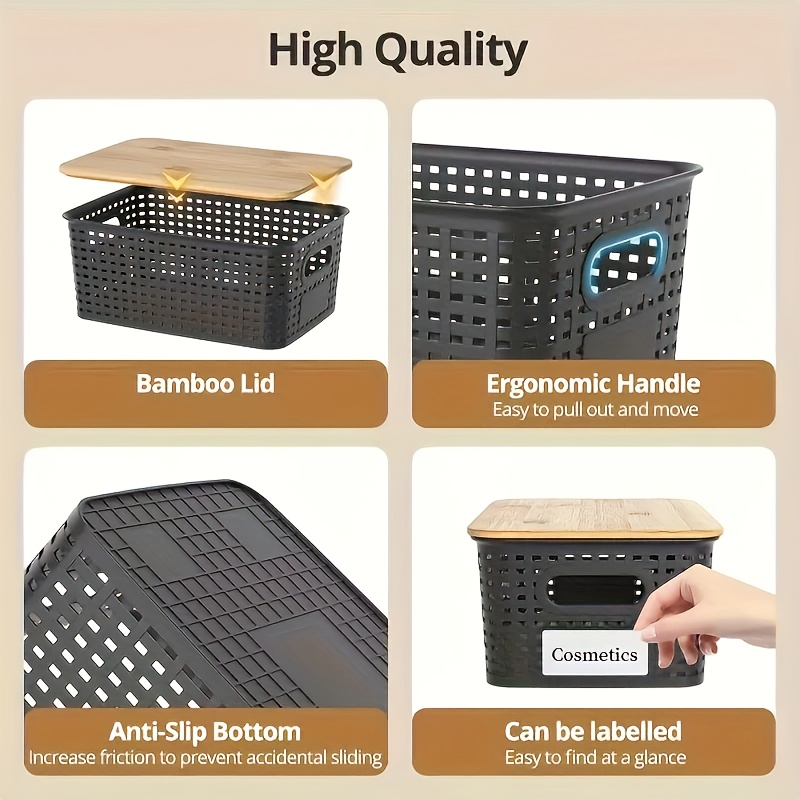 5pcs Lidless Stackable Black Plastic Storage Baskets