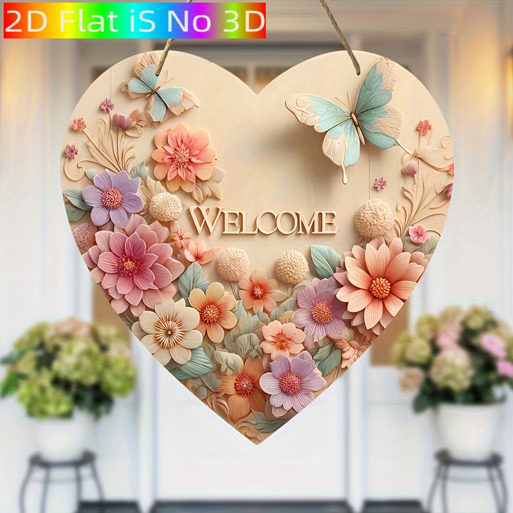 TEMU Cartello di piatto 2D a forma di a cuore - da parete con fiori e foglie , decorazione primaverile per casa e portico, regalo per , la laurea o