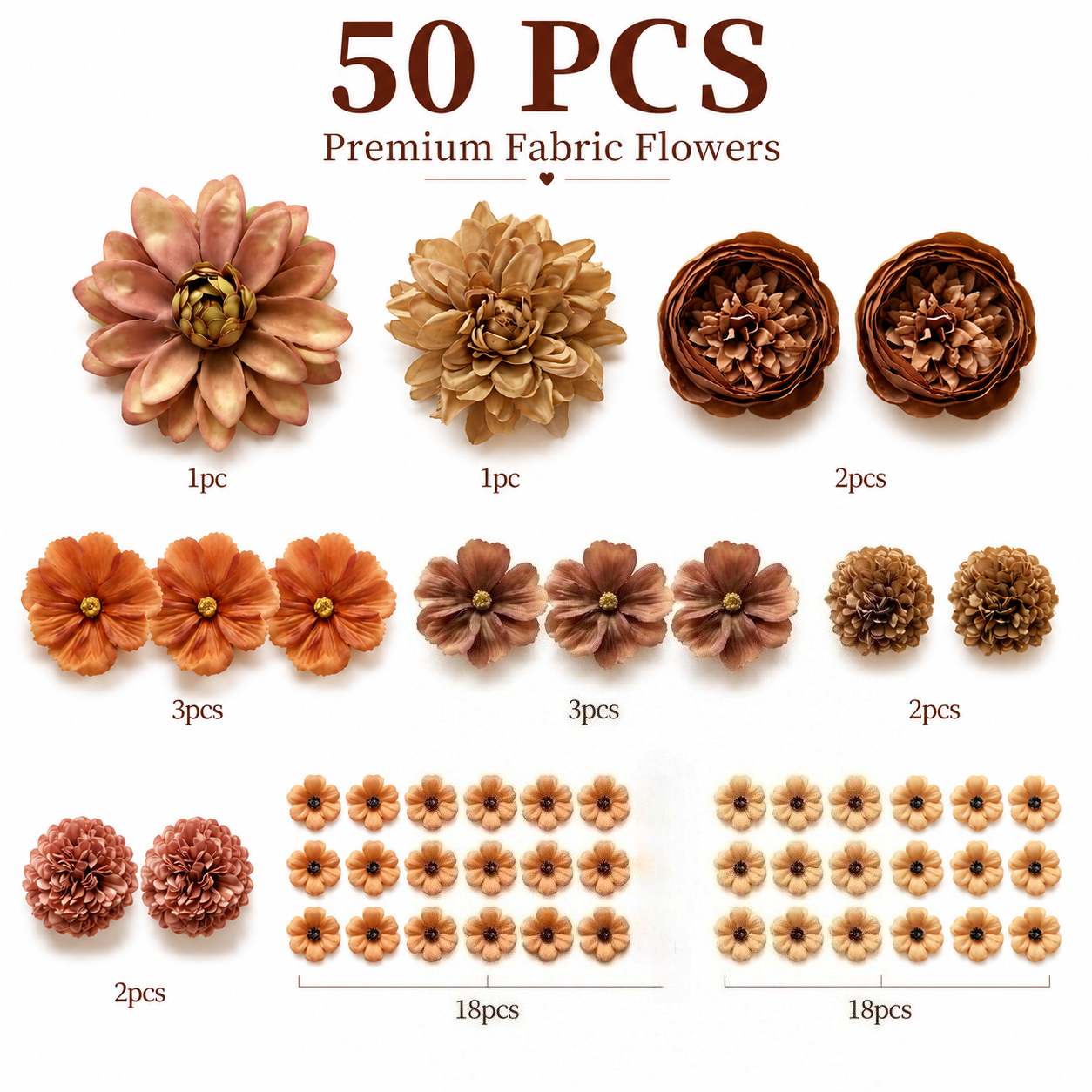 TEMU Kit de piezas de cabezas de dalia de tela marrón vintage mezcladas para manualidades DIY, cabezas de flores de seda terracota de otoño, cabezas