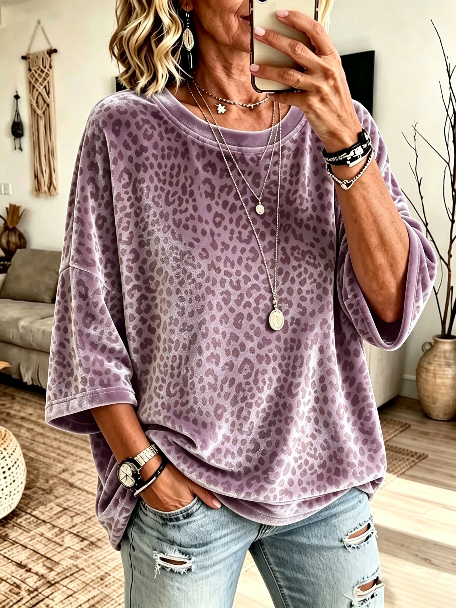 item picture plus size new 2026 plus size womens velvet topartistic print womens round neck velvet top elegant leopard print loose casual topcasual and versatile
