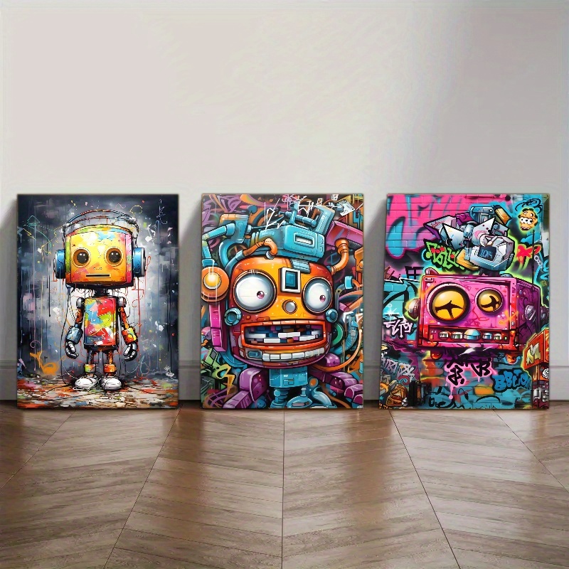 3pcs Framed Canvas Art - Vibrant Graffiti Robot & Space-Themed Wall Decor with Pine Wood Frame, Perfect for Living Room, Bedroom, Cafe, or Bar, Indoor/Outdoor Use, Indoor Wall Decor | Vibrant Wall Art | Wrapped Canvas Frame, Wall Art Decor - Image 11