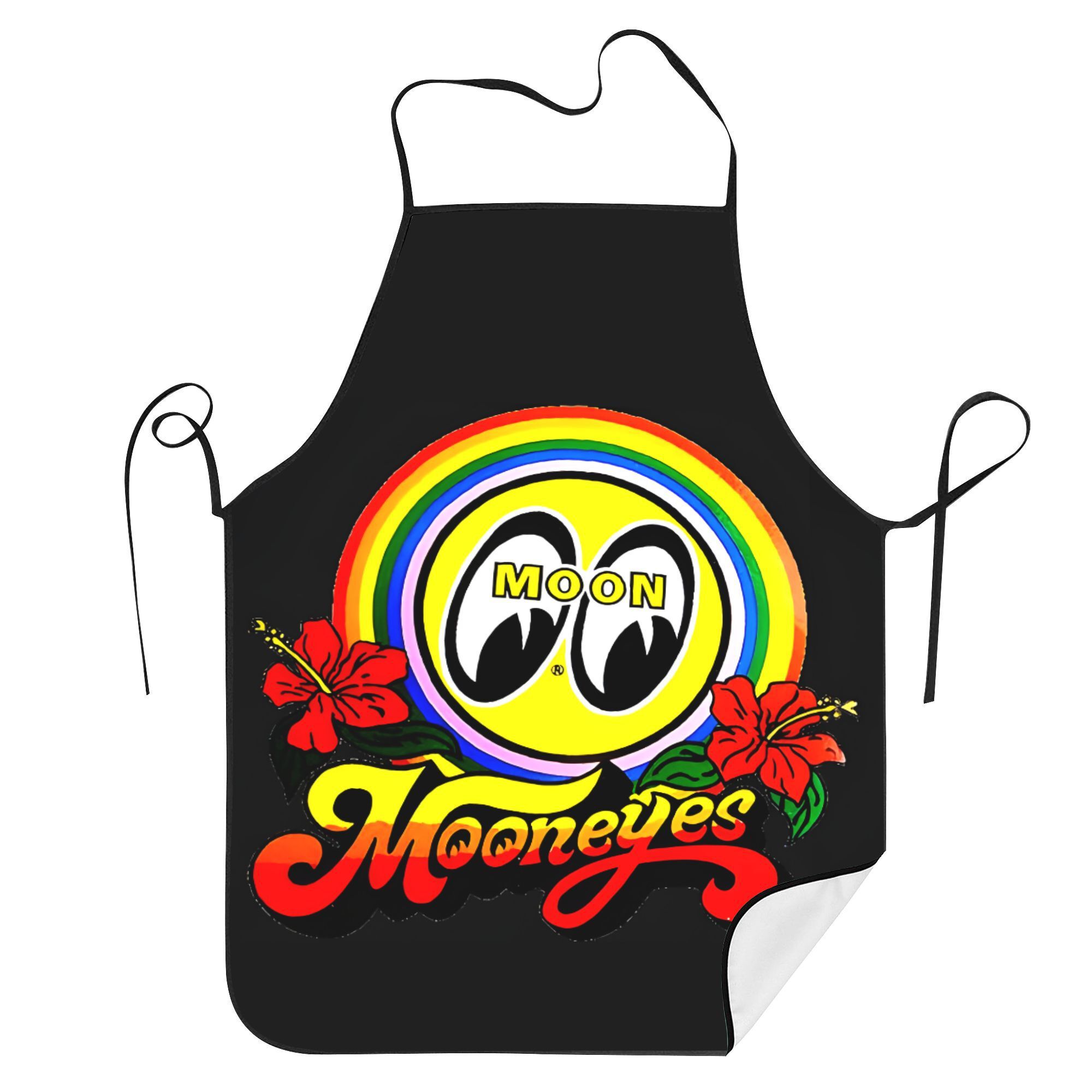 

[] Retro "" Apron - Vibrant Rainbow And Floral Print, Polyester, Hand Washable, Black With Ties For Cooking & Restaurant Use