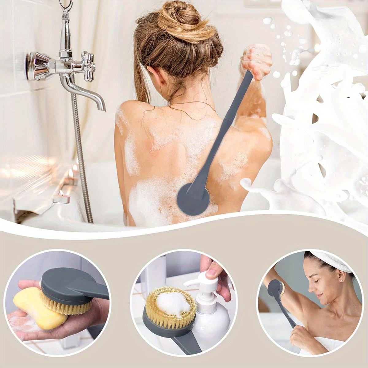 20 5 long handled back scrubber for shower deep cleaning bath brush with   non   soft brush heads for men women grey shower cleaning accessory ergonomic bath brush durable shower brush Product details 3