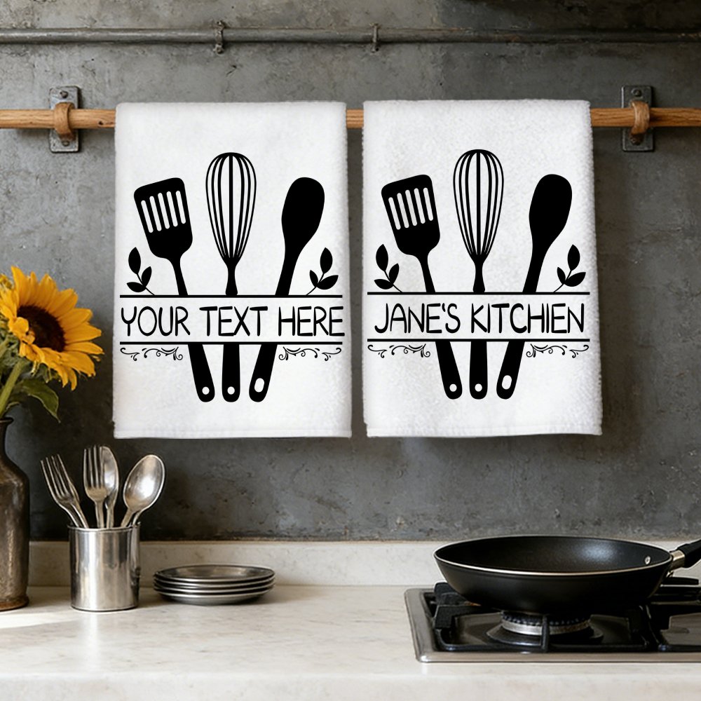 TEMU 2pcs Personalized Kitchen Towels Custom Text/name/utensil Design Suitable For Housewarming/birthday Gifts, Soft Absorbent Microfiber Dish Cloths