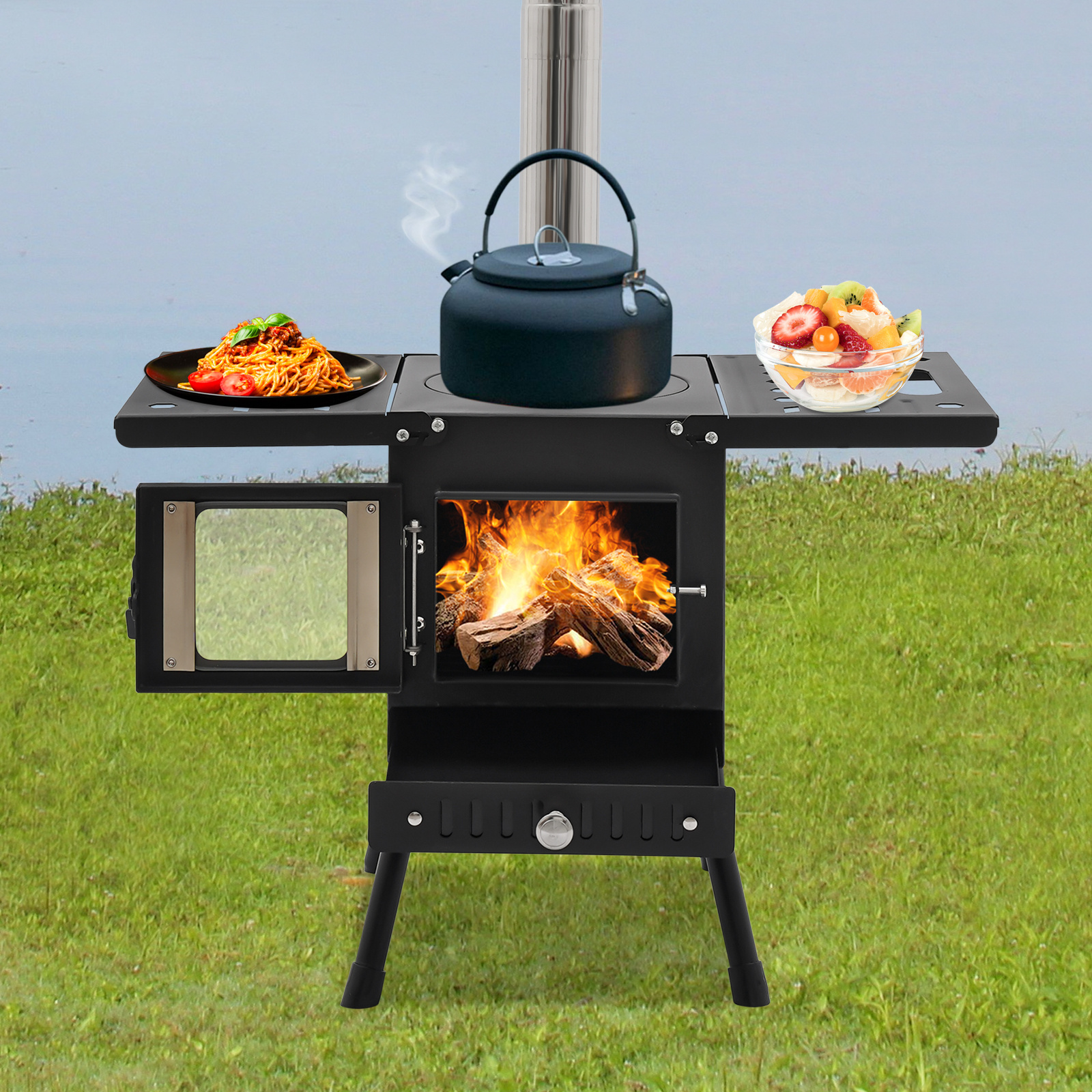 1pc Heavy-Duty Carbon Steel Portable Wood-Burning Stove - Tent Stove with 10- , Adjustable Height (35.99cm-55.98cm), Folding Design & Chimney Pipes - 600°C/1292°F Heat for Camping, Emergency, Indoor/Outdoor Use - Compatible with Firewood, Charcoal, Straw - Ideal for Backpacking, RV, Cabin, Home Backup Heating -  , Camping Stove Portable, Firewood Stove, Outdoor Fireplace, Stove Camping, Wood Stove Indoor