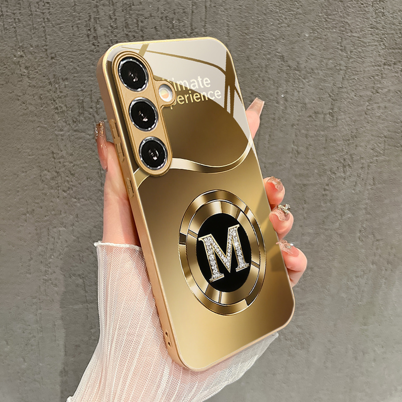 TEMU Phone Case: High-end Golden With Letter "m" Pattern Glass Phone Case, Suitable For Galaxy