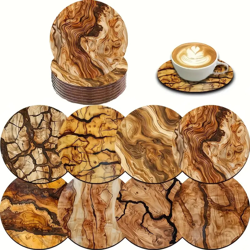 TEMU 8pcs Retro Wood Grain Printed Wooden Coaster Set, Car Coasters, Tea Coasters, Coffee, Beverage Mug Coasters, Suitable Home And Dining,