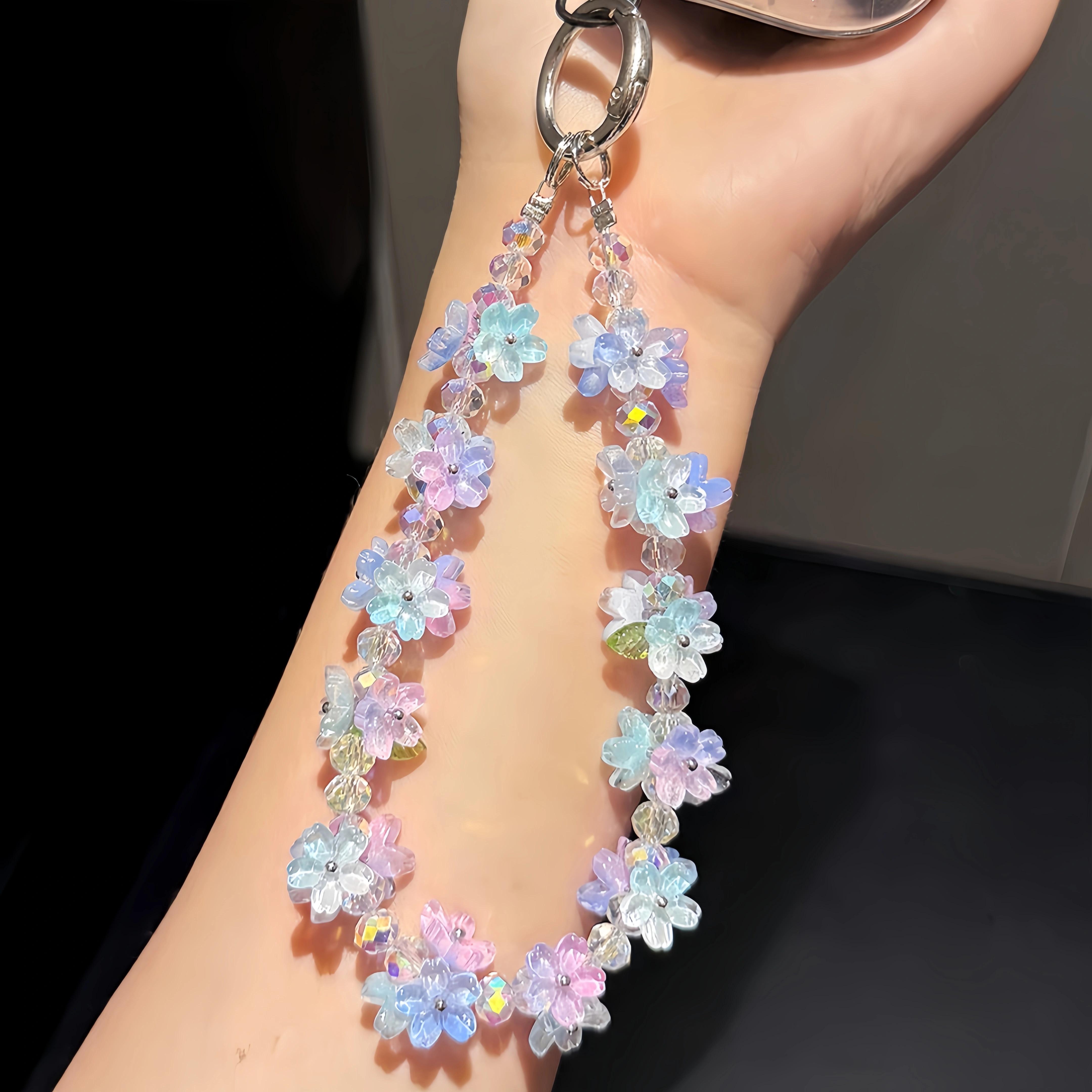 TEMU Macaron Flower Handheld Phone Wrist Chain, Matching Silvery Metal Round Ring Bag Key Pendant, Ethereal Light Portable Decorative Accessory,