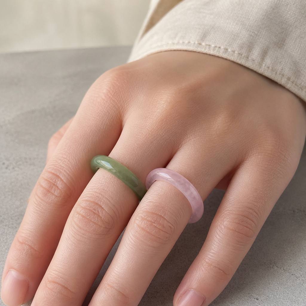 2pcs Solid Pink Quartz & Green Agate Stackable Ring Set for Her
