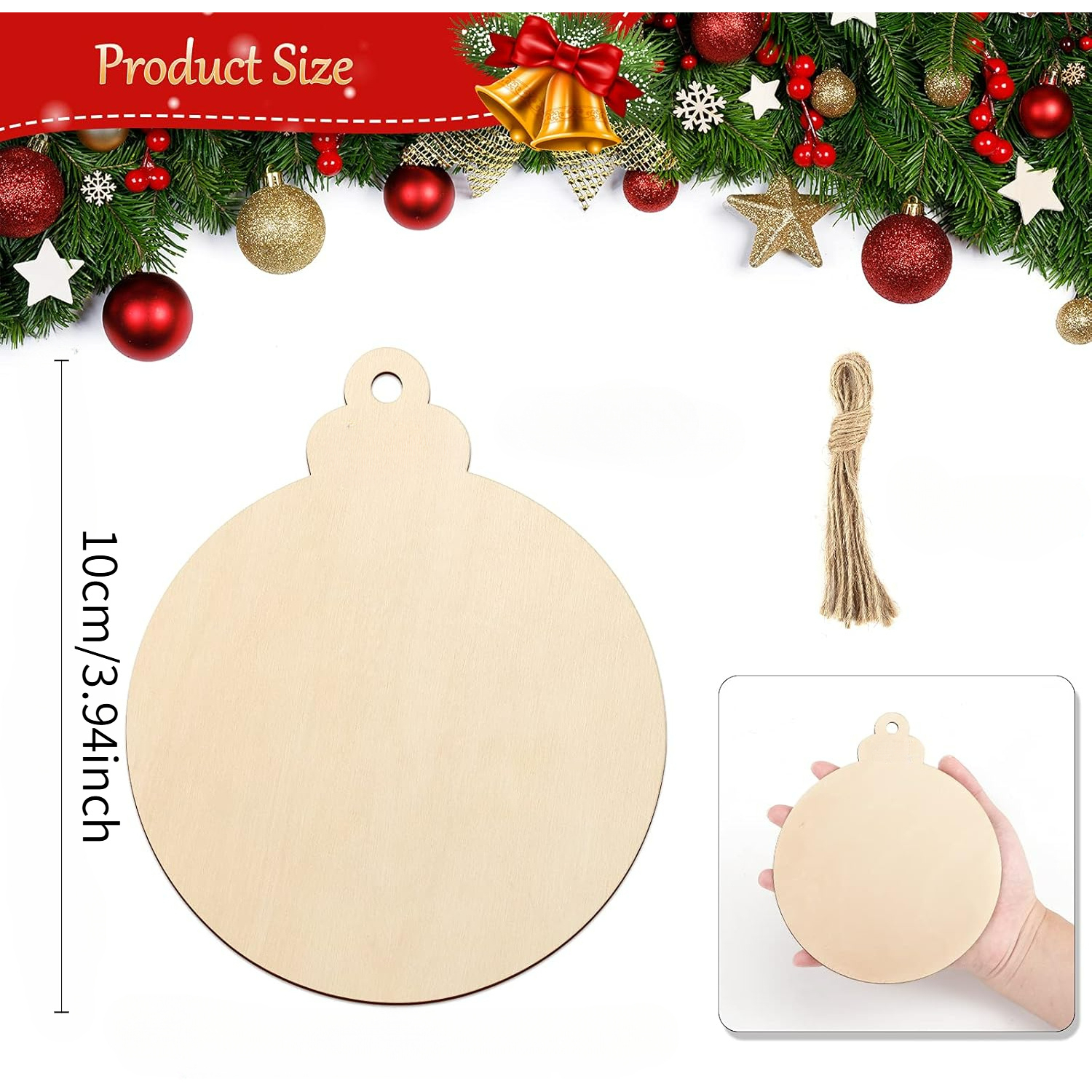 TEMU Ornements de Noël en bois peint de 10 cm/3,94 po, disques ronds en bois non à faire soi-même pour décorations suspendues artisanales (4 pièces)