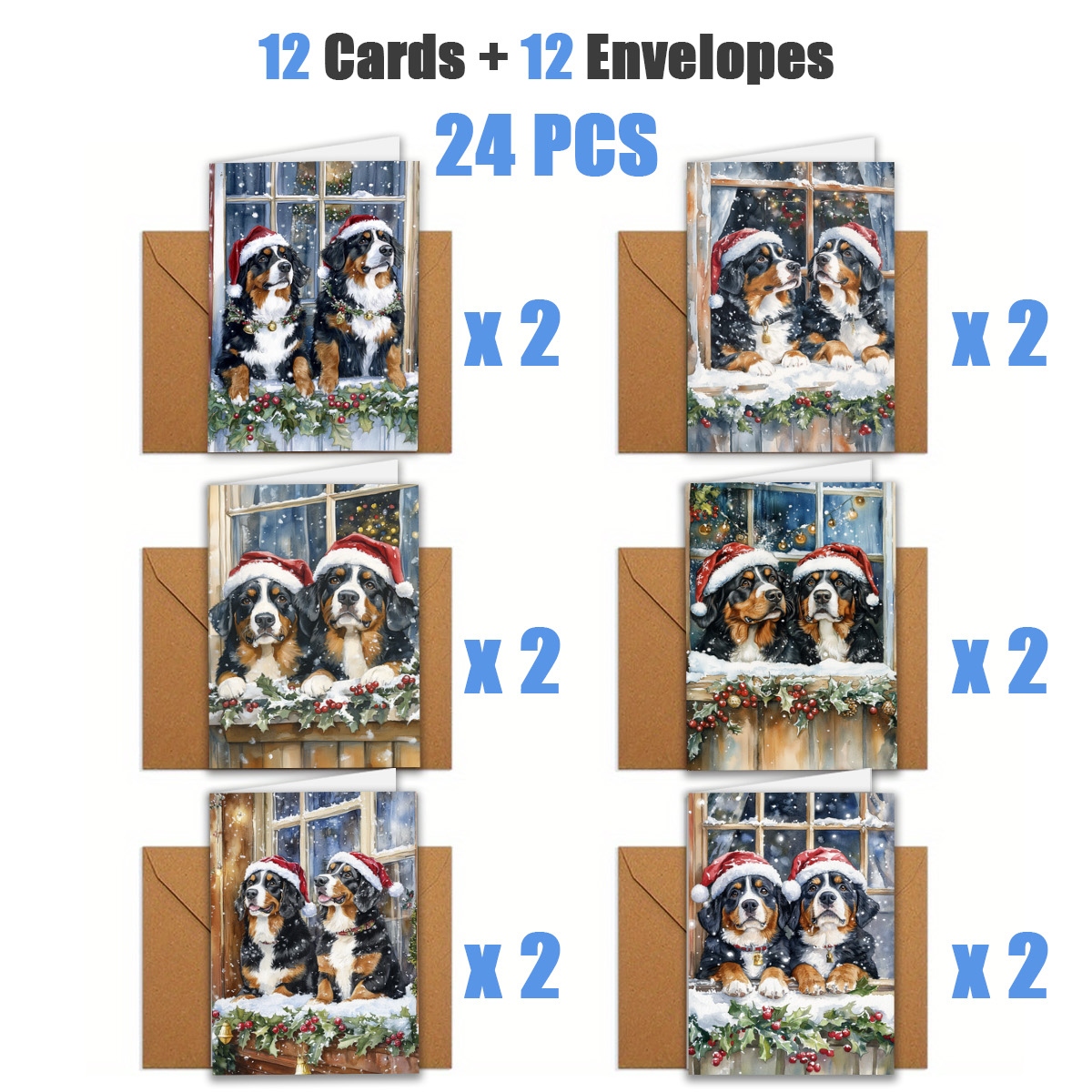 TEMU 1 Set/12 stuks/24 stuks Kerstkaart met twee honden die een kerstmuts | Inclusief enveloppen, perfect voor verjaardagen, feesten, bedankkaartjes,