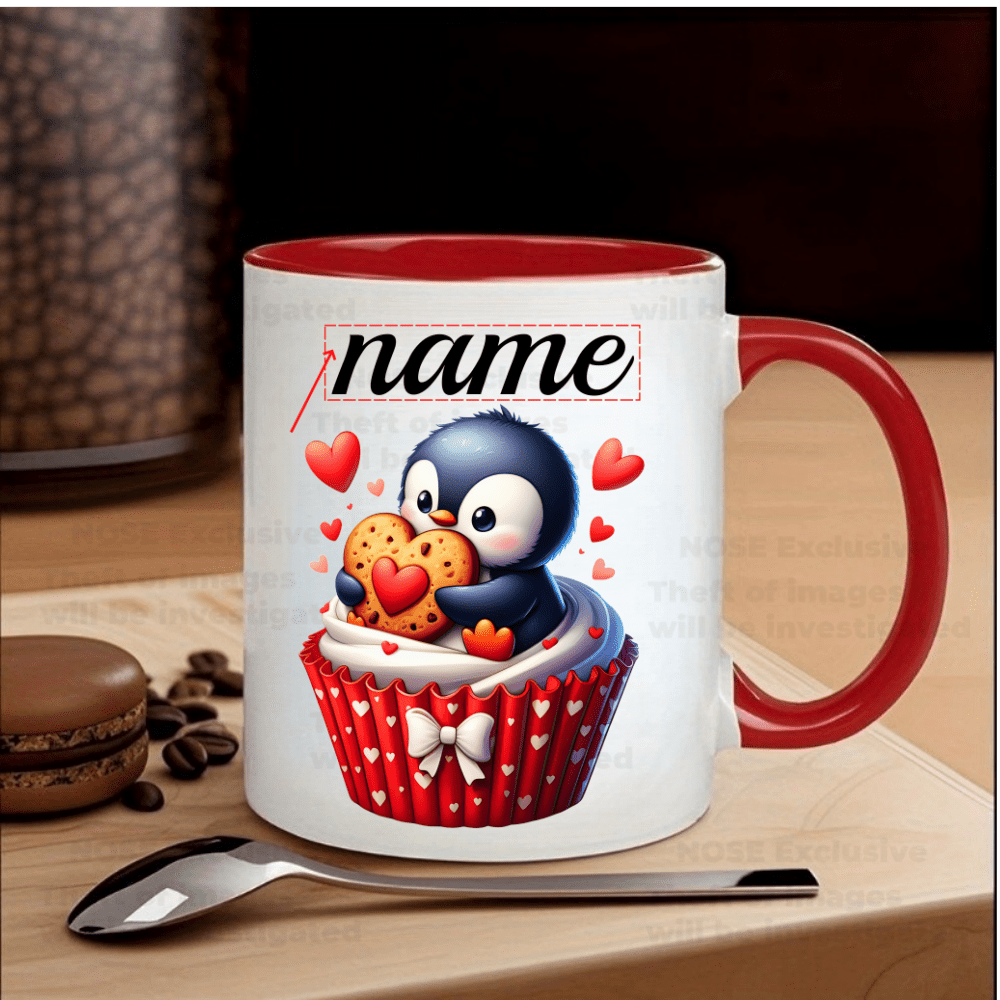 1pc, Personalized Cute Penguin In A Red Cupcake With Hearts Ceramic Coffee Mug - Insulated Reusable White Mug, Ideal Gift For Birthdays, Christmas, Valentine's Day, Double-sided, In 6 Colors