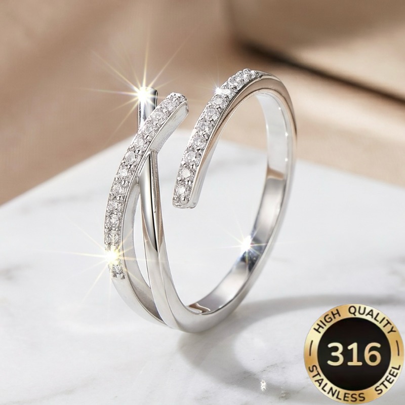 TEMU 1pc High-quality Open-adjustable Steel Hypoallergenic Light Luxury Shiny Multi-layered Minimalist Intersecting Wrap-around Design Women's Ring