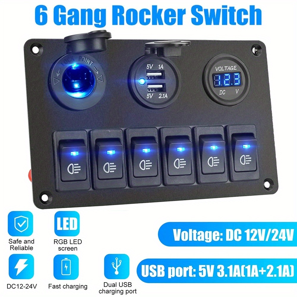 TEMU 12 Volt Led Switch Panel For Rvs, Boats, Cars, And Trucks Featuring A Blue 6 Gang Marine Boat Rocker Switch, Without Battery