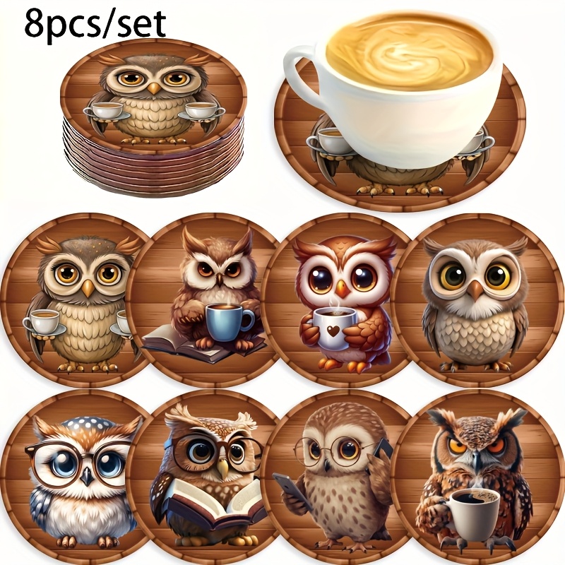 E-shop 8er Set Holzuntersetzer mit Eulenmotiven - Hitzebeständige, rutschfeste Getränkeuntersetzer mit 8 niedlichen Eulendesigns in Braun, Weiß, Grau,