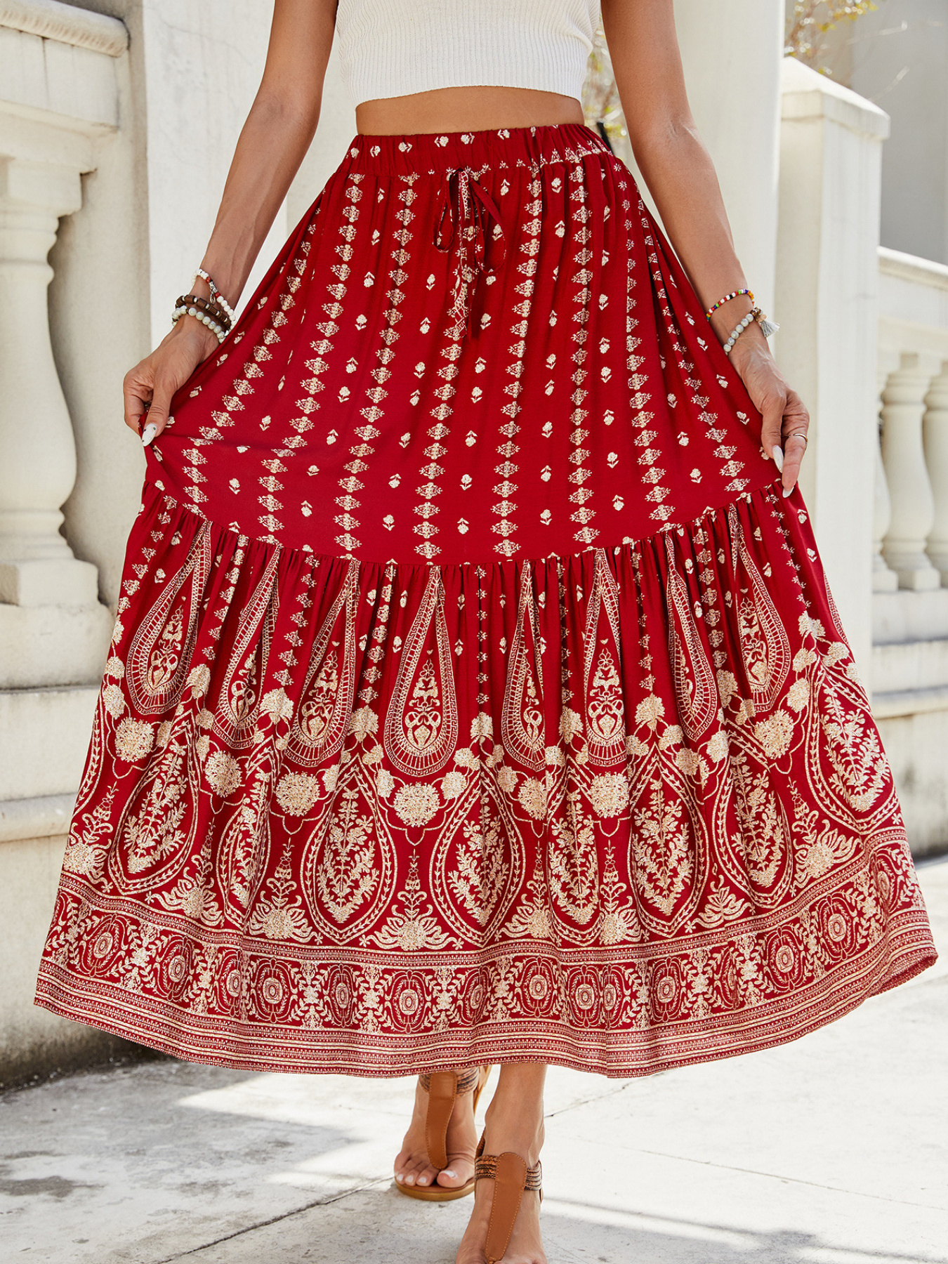 Women's Midi Skirt Exotic Bohemian Full Swing Beach Elastic Waist Pleated Layered Intricate Print Soft Comfortable Warm Fashionable Trendy Vacation Style Summer Daily Beach Date Going Out Women's Wear