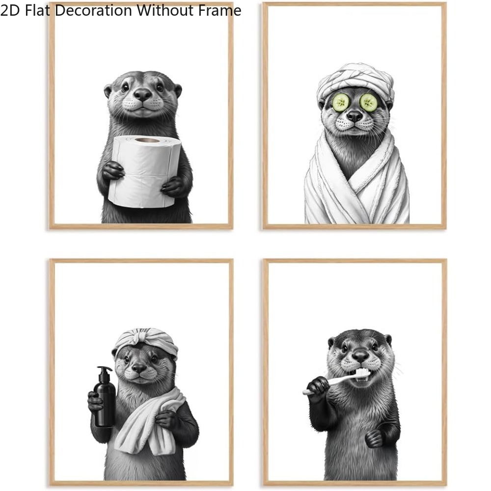 TEMU 2d Flat, 2d Flat, 2d Flat Frameless 4pcs Funny Bathroom Wall Art Prints Set Of 4, Coastal Beach Bathroom Decor, Otter Animal Posters Pictures