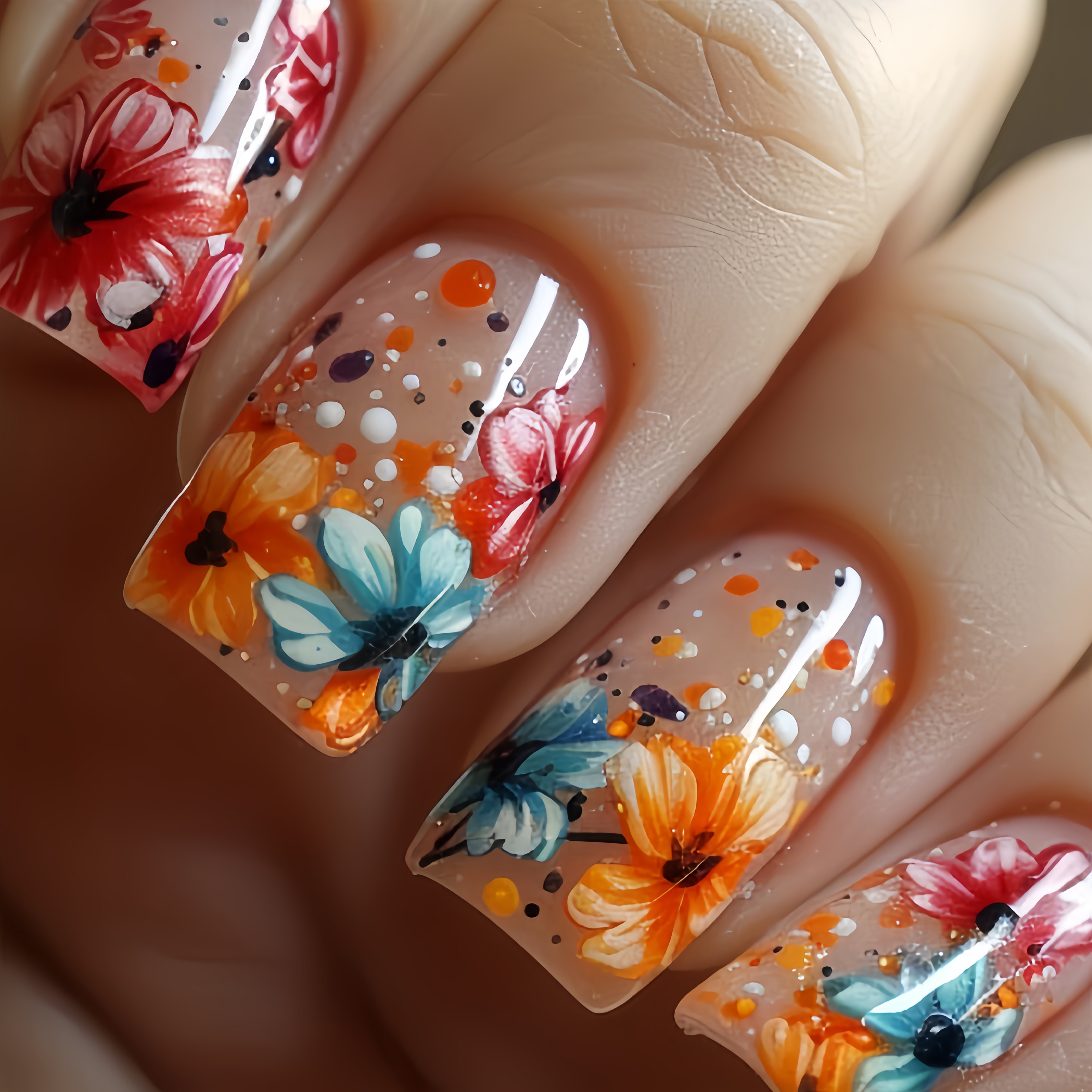 

24pcs Elegant Press-on Nails Set, Mixed Color Floral Pattern, French Manicure, Square Shape, Middle Length, Removable Tips For Women And Girls, Spring/summer , Includes Jelly Glue & Nail File