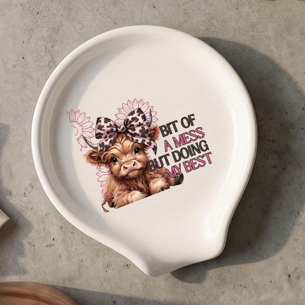 TEMU Cute Highland For Cow With Leopard Print Bow Ceramic Spoon Rest, Whimsical Pink Sunflower Accent Kitchen Utensil Holder, Countertop Decor And
