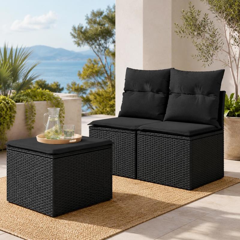 Image of Outdoor Pe Rattan Armless Chair With Cushion And Side Storage Pocket, Comfortable Backrest Garden Patio Seating, Black