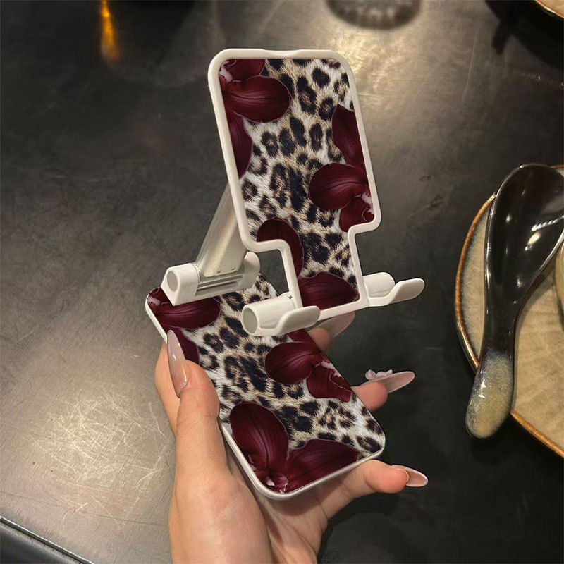 TEMU 2d Flat Leopard Bloom Pattern Foldable Phone Holder Portable Adjustable Extended Mobile Phone Holder Lift Telescopic Holder Suitable For Mobile