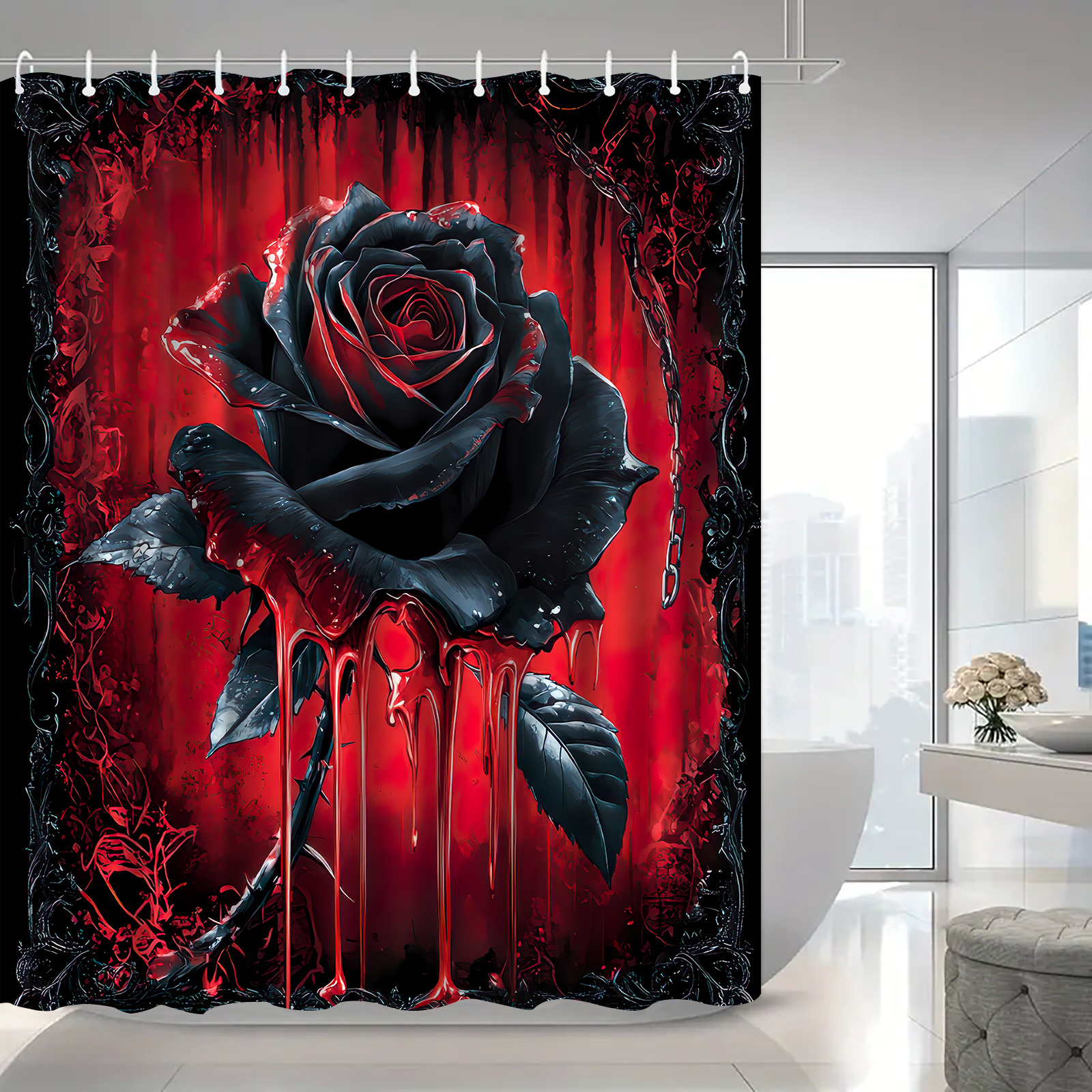 TEMU 1pc Black Rose Pattern Printed Shower Curtain, High-end Elegant Bathroom Curtain, Suitable For Home Decor, With 12pcs Hooks Polyester Fabric