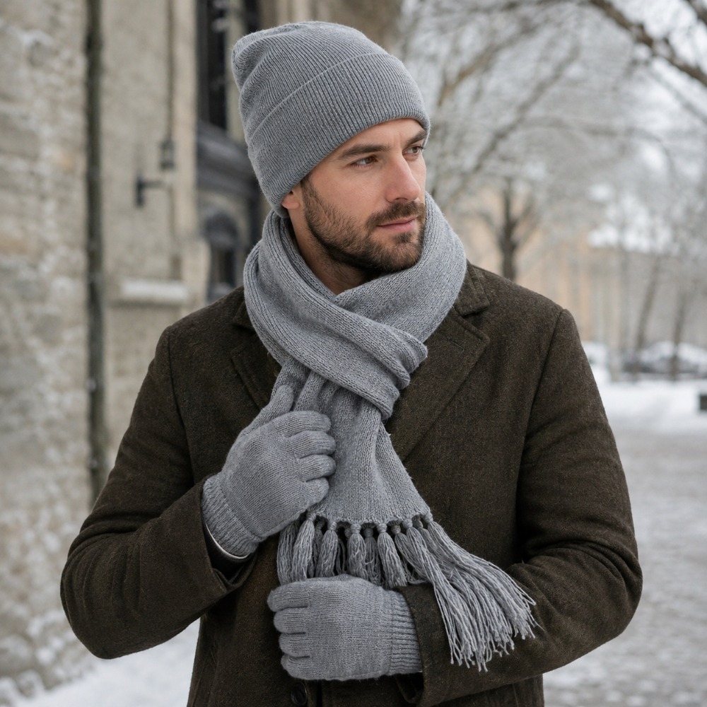 TEMU Ensemble 3 pièces unisexe en tricot, comprenant un bonnet à revers, un foulard à pompon et des gants pour d'hiver, et quotidiennes