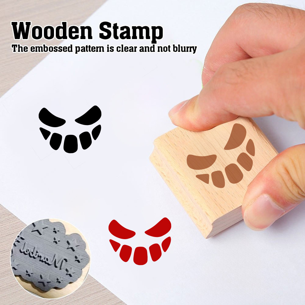 Vintage Halloween Pumpkin Scary Face Wooden Rubber Stamp