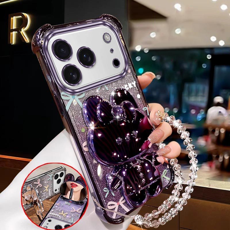TEMU Phone Case - Phone Cases For Iphone 17 Pro Max Featuring A Purple Bow With Rabbit Stands And A Lanyard With Transparent Beads. Designed For