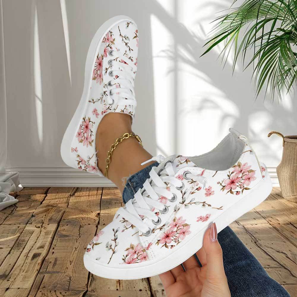 TEMU [sneakers] Ladies' New Comfortable And Fashionable Versatile Casual , Easy Watercolor Floral Cherry Print, Fresh, Gentle, Daily , Soft Sole,