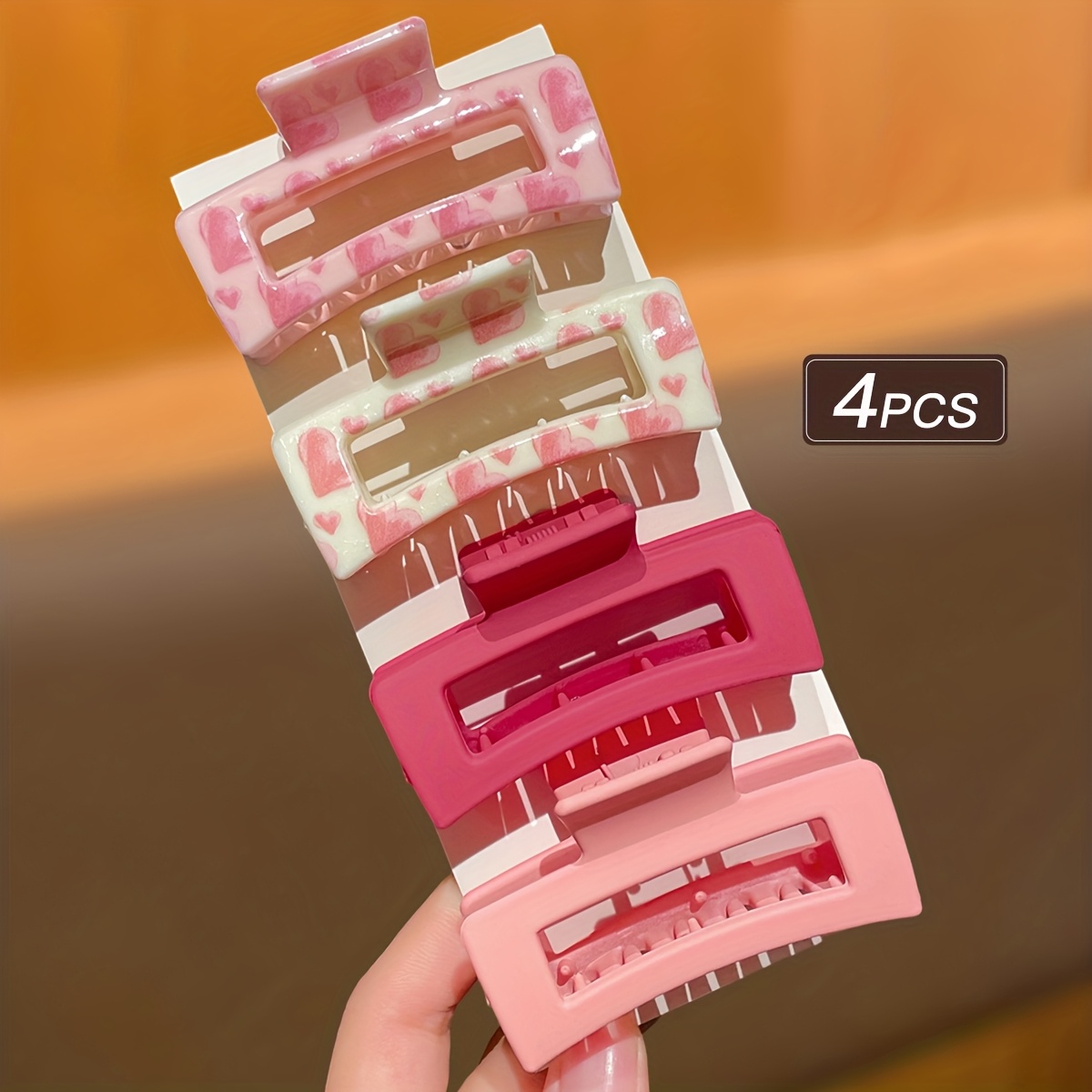 TEMU 4pcs Pinces à Cheveux Roses pour Femmes avec Cœurs & Colorés - Pinces à Cheveux Rectangulaires Élégantes de Taille Moyenne Adaptées aux , Queues