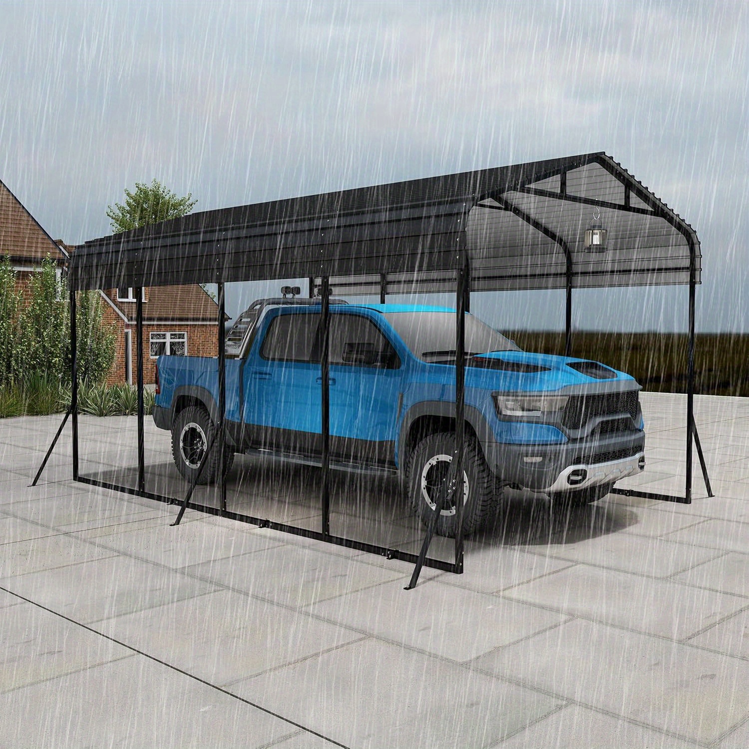 Image of Outdoor Car Tent Garage 12 X 20ft Metal Carport Black Outdoor Garage Car Shelter Shade With Galvanized Metal Roof For Cars And Boats Bivouac Tent