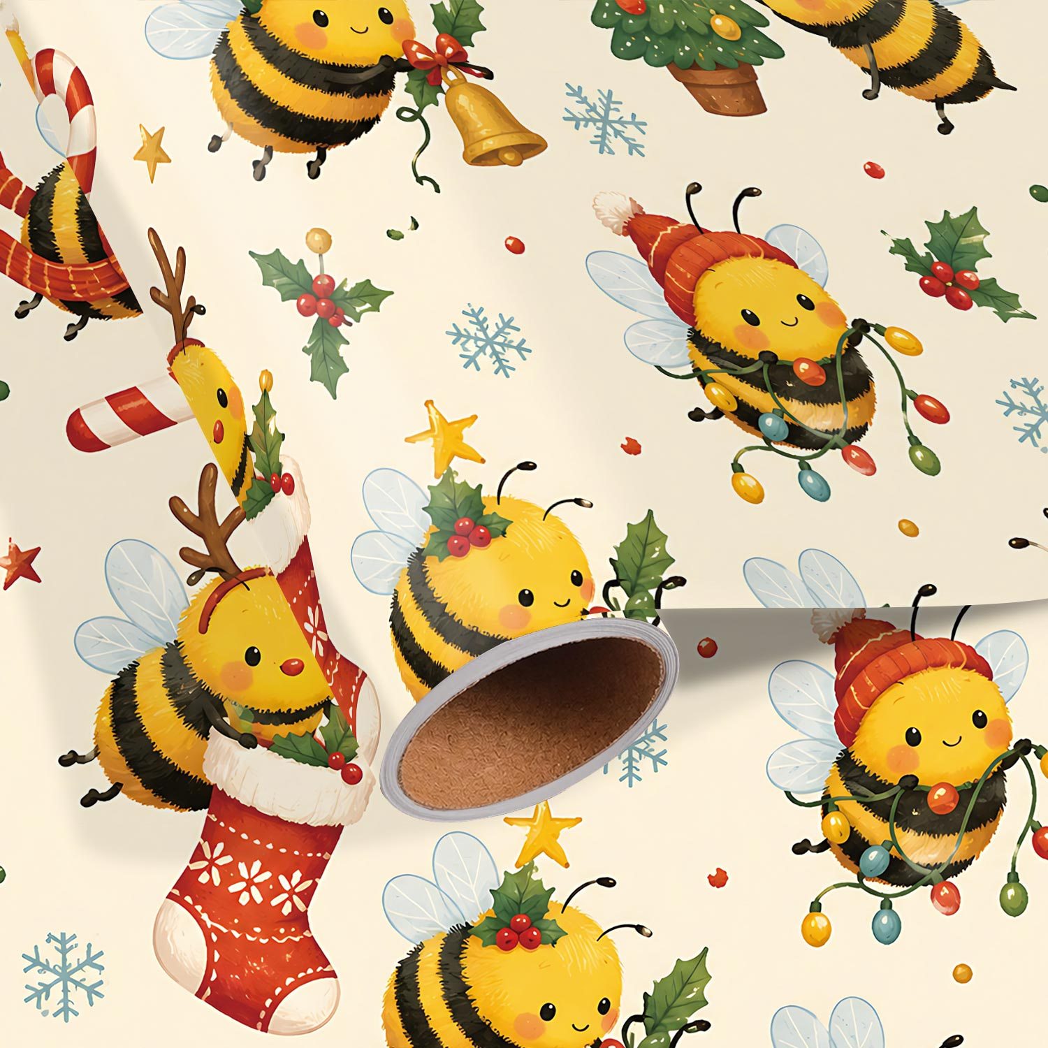 TEMU 1 Rouleau de de Fêtes Aquarelle avec de Dessin Animé, Chapeaux de Père Noël, Cornes de , Écharpes, Bas de Noël, Boîtes Cadeaux, Cloches, Houx,