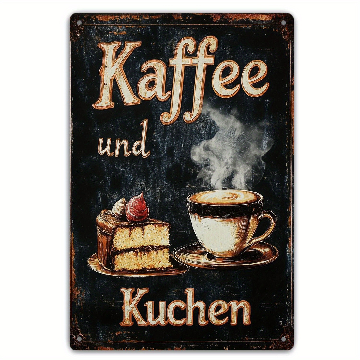 E-shop 1 Stück Vintage "" Blechschild - Rustikales Metallwanddekoration mit dampfenden Kaffeetassen und Kuchenillustration, Bauernhaus Küstenkunst,