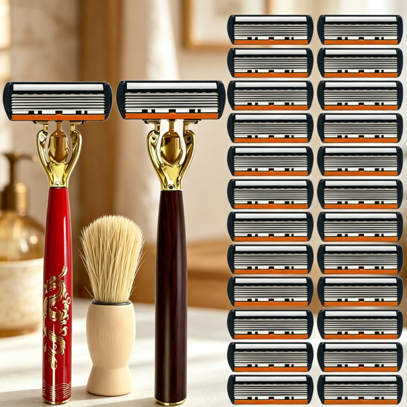 TEMU Rasoio manuale da a 6 lame, delicato e non irritante , set da barba con ergonomico, testina sostituibile e spazzola da barba morbida, liscia e